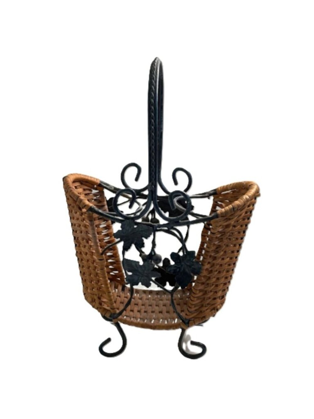 Vintage Wrought Iron Wicker Double Wine Bottle Caddy Grape Motif Tuscan Country